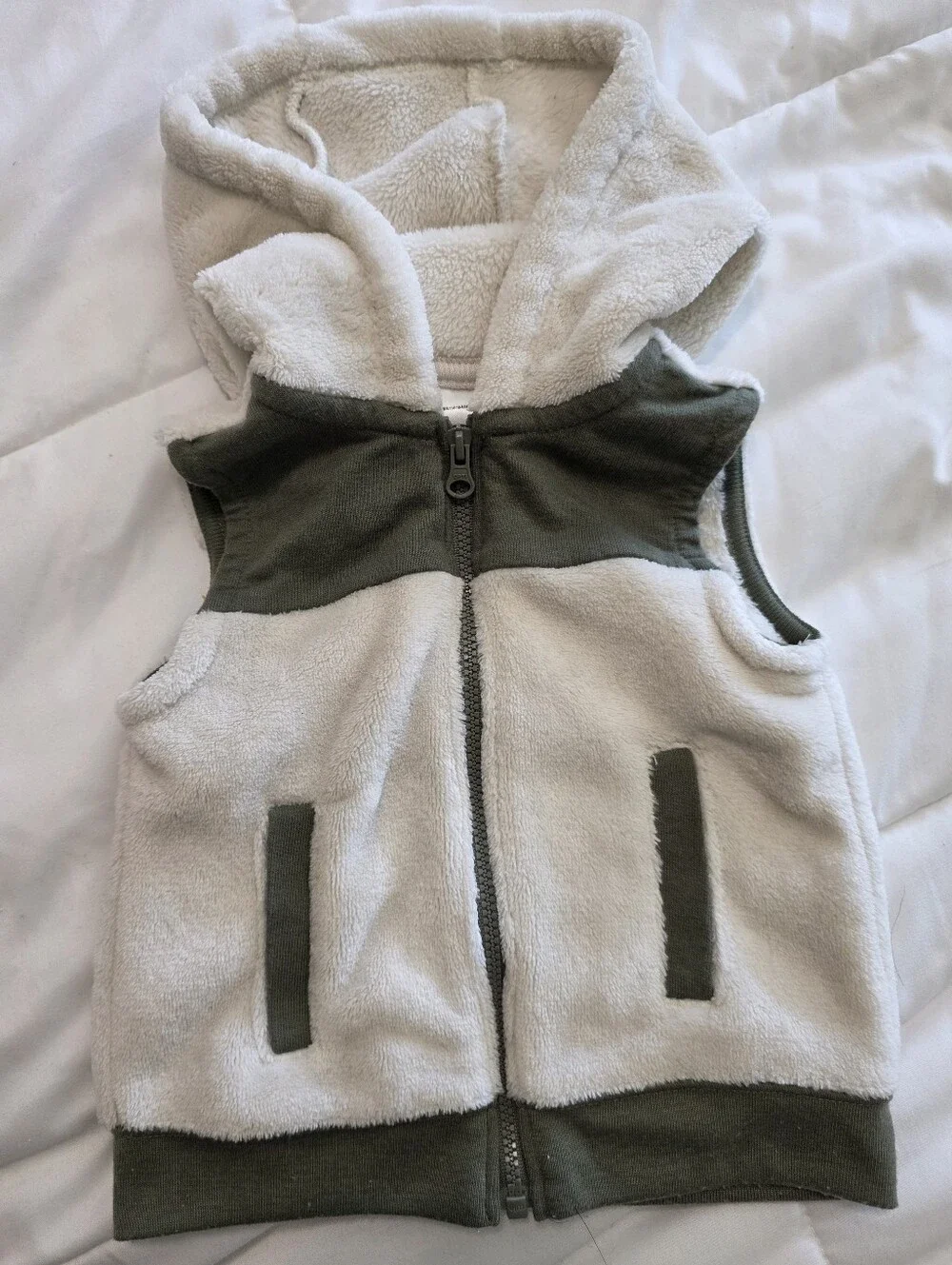 Olive Green and Cream Plush-Lined Baby Boys Fleece Vest